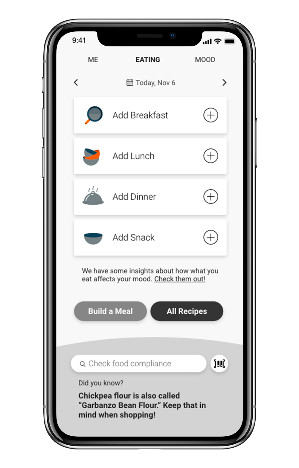 Homescreen of the app showing daily tracking for meals.