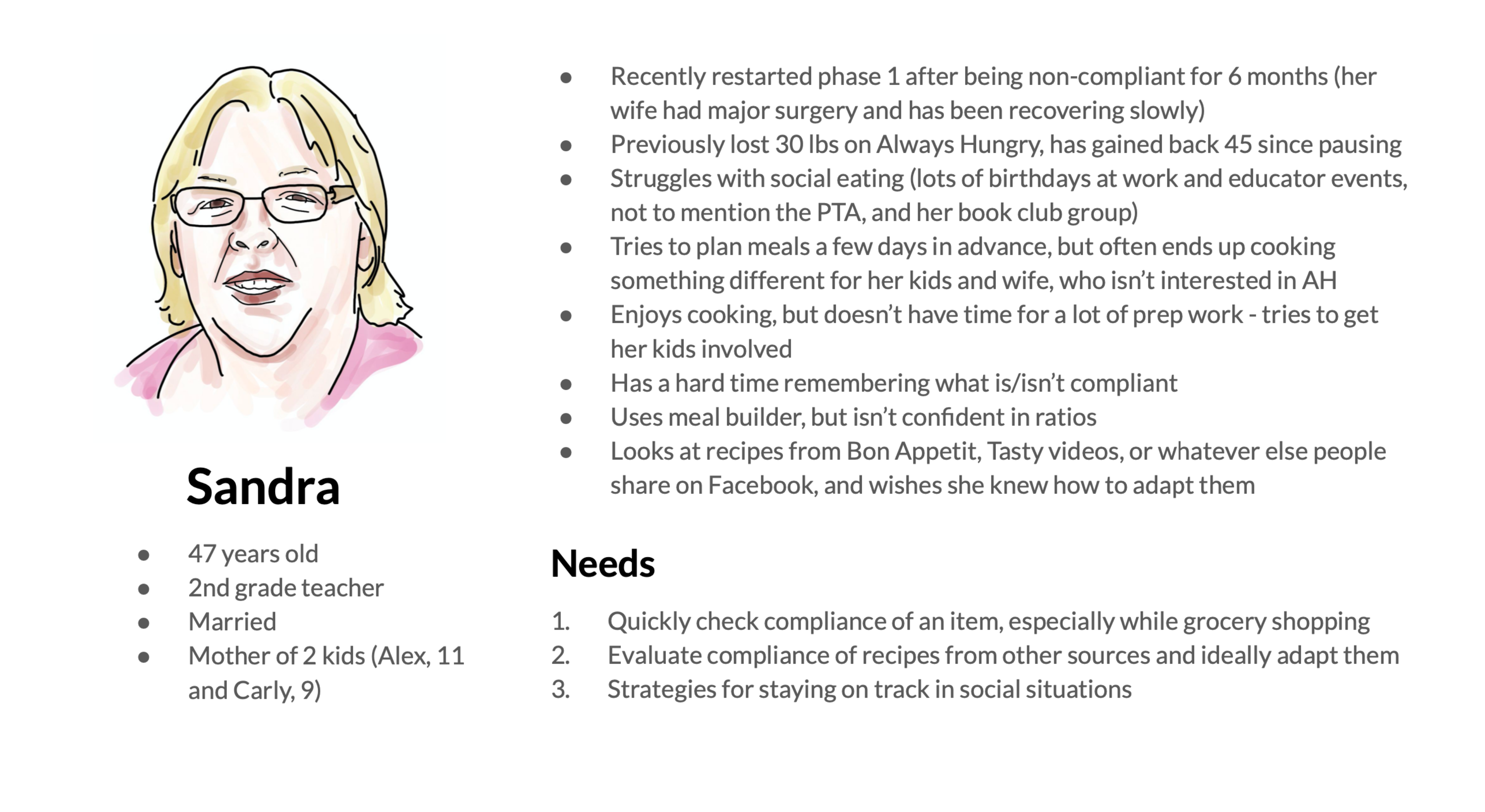 Persona for Sandra. She is 47 years old, 2nd grade teacher, Married, Mother of 2 kids (Alex, 11
                    and Carly, 9). Recently restarted phase 1 after being non-compliant for 6 months. She needs help quickly evaluating items while grocery shopping