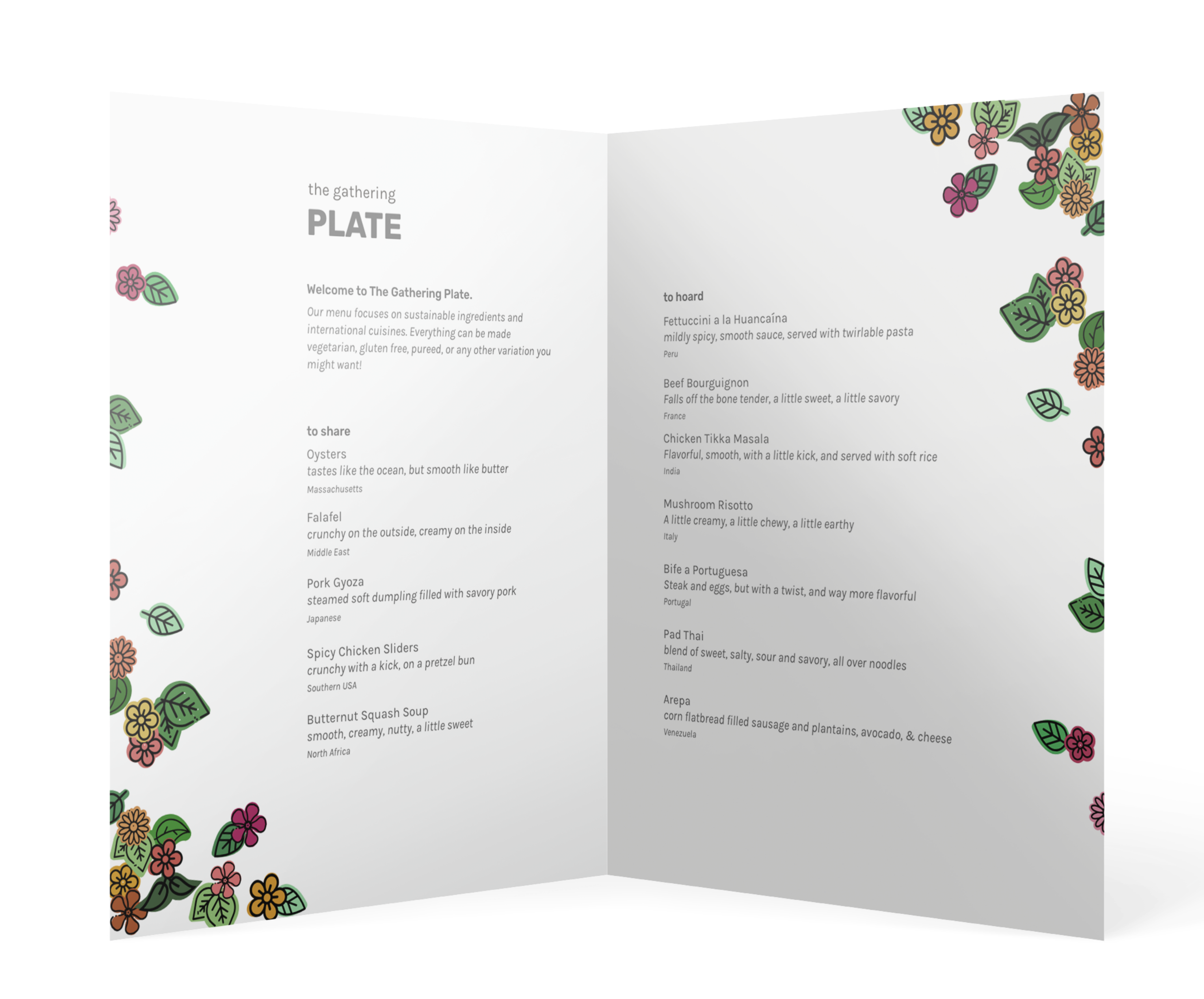 A bi-fold menu decorated with floral imagery