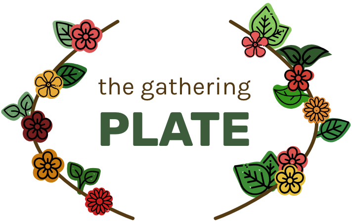 Initial logo design in color showing floral elements around the words 'the gathering plate'