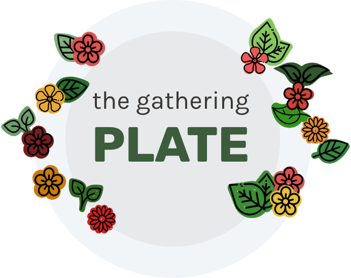 Initial logo design in color showing floral elements around the words 'the gathering plate' on top of a circular grey plate