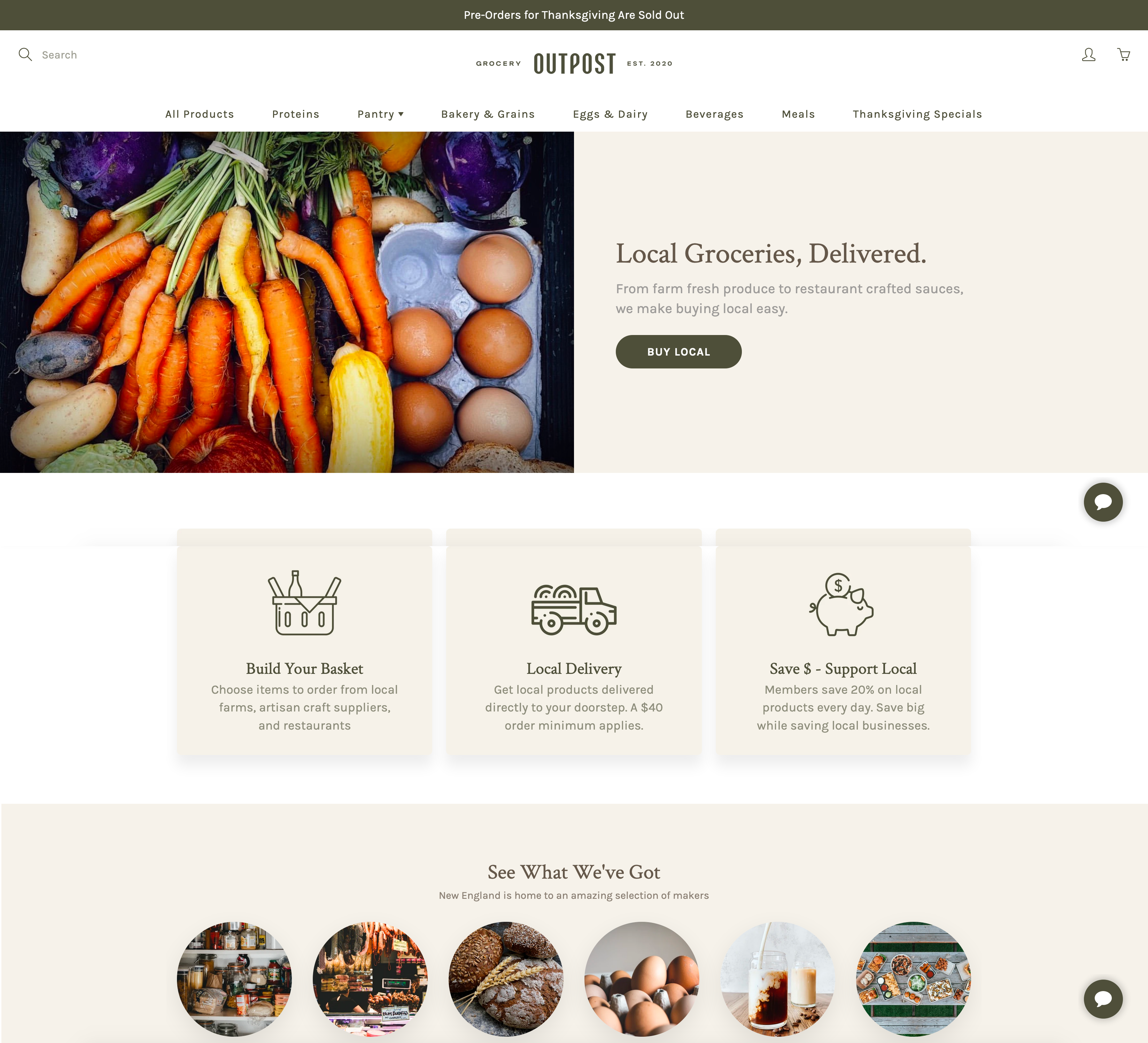 Screenshot of the Grocery Outpost website showing the navigation and hero image