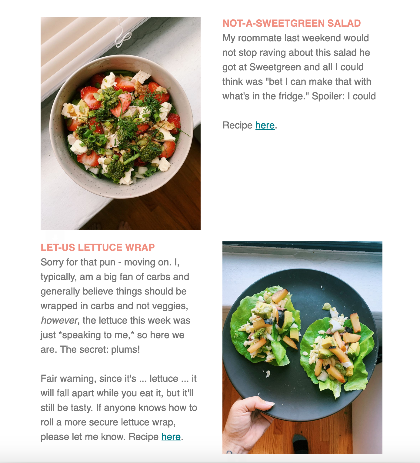 Screenshot of the Grocery Outpost newsletter with recipes
