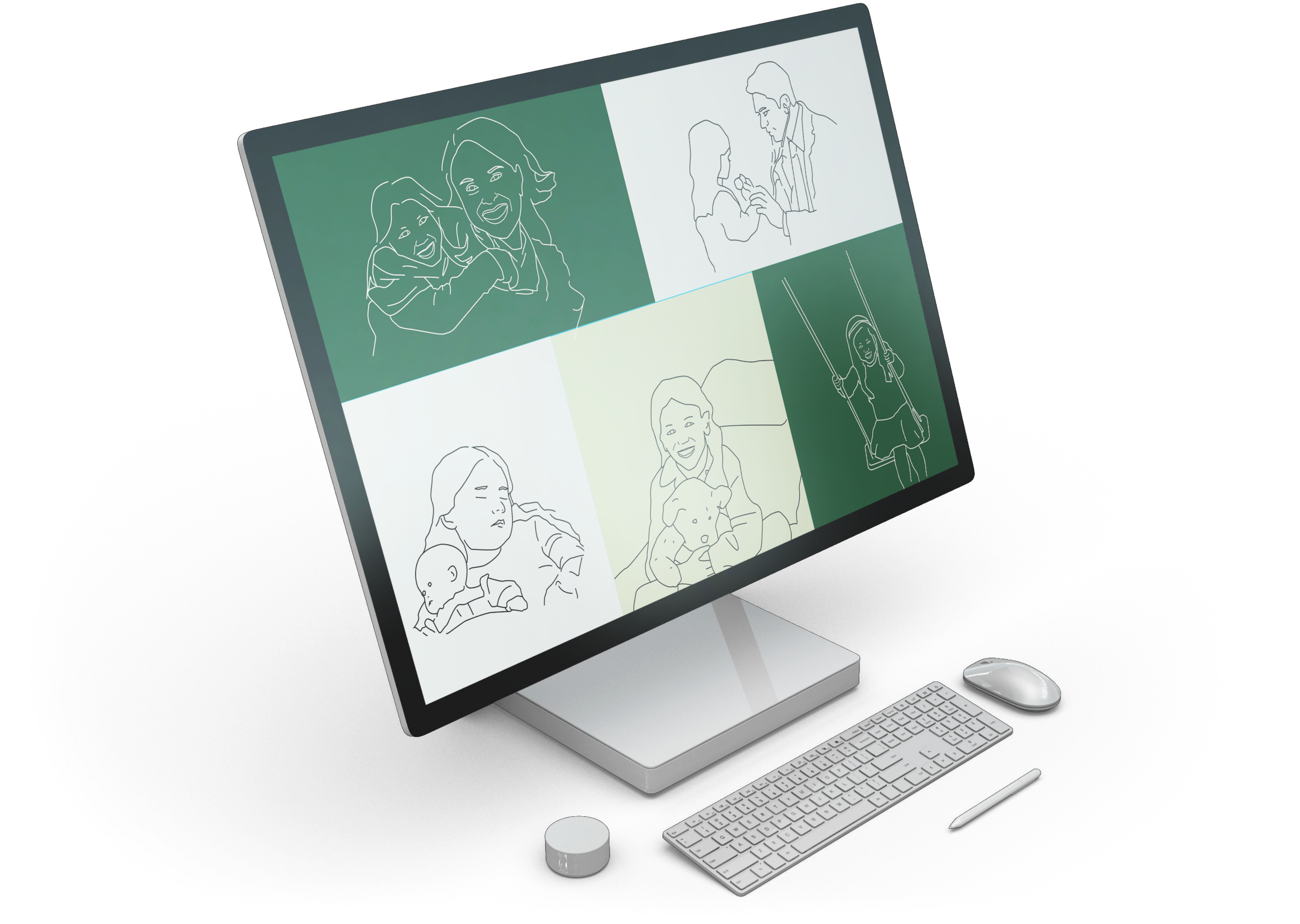A computer showing a drawing of a young girl and her mother